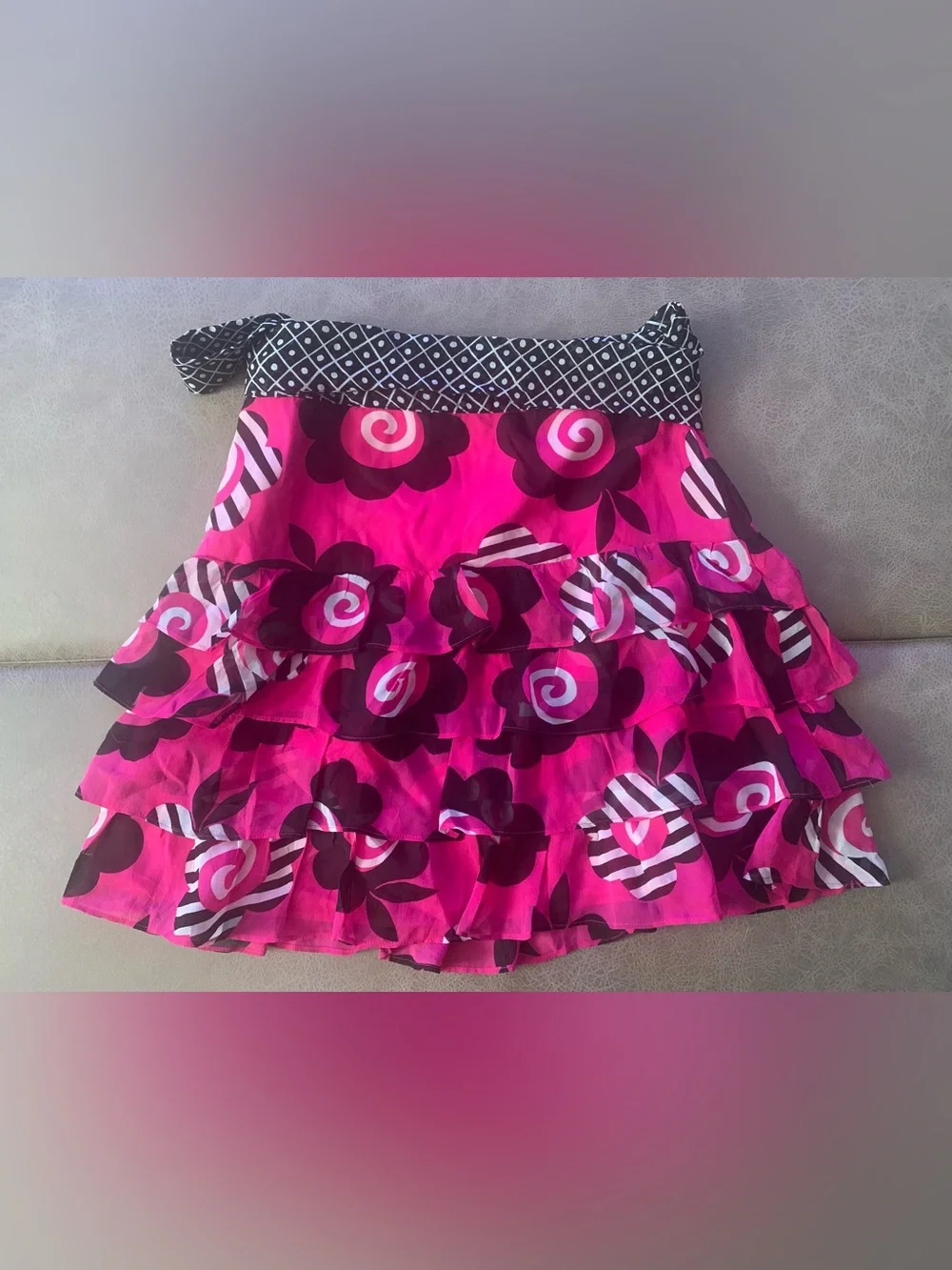 Vtg Y2K Celia Birtwell Express Black Pink Floral Silk Tiered Mini Skirt Size 2